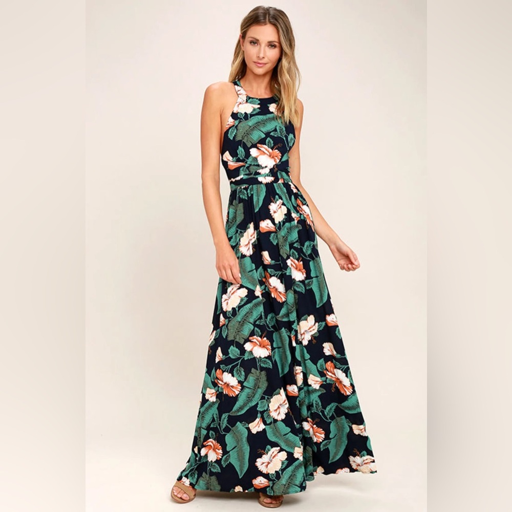 Used, Lulu’s Temptation Island Navy Blue Floral Print Maxi Dress, Size S